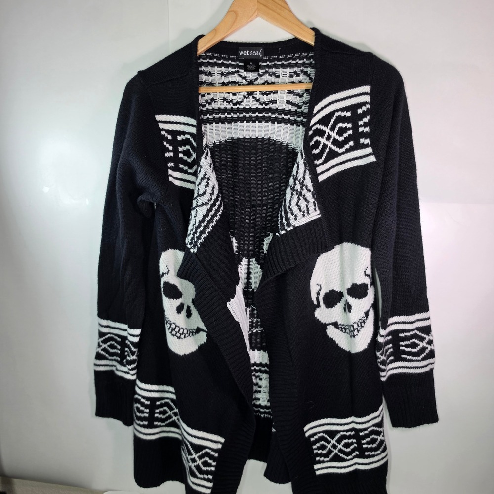 Wet Seal Skull Cardigan Sweater Medium Black White Knit Draped Goth Grunge Y2K